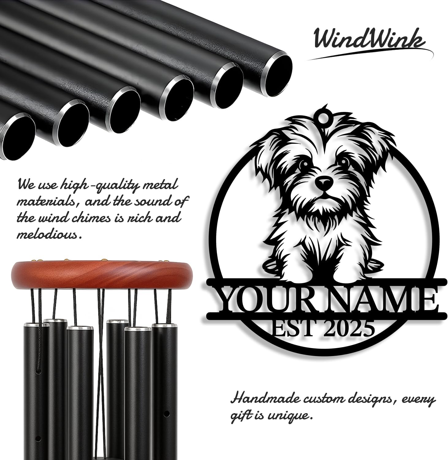 Personalized Customize Name Pet Dog Wind Chime, Metal Iron 37 Inch Outdoor Memorial Gift for Garden Yard Patio Home Decor, Black (Style J)