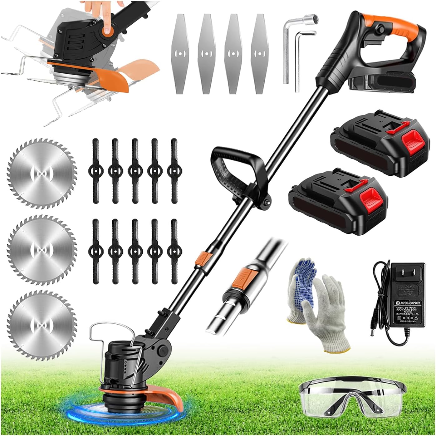 Electric Weed Wacker String Weed Eater Cordless Grass Trimmer 21V Battery Powered String Trimmer with 2x2.0ah Battery and Charger Brush Cutter/Edger/Mower with 3 Types Blade for Garden Lawn(Black)