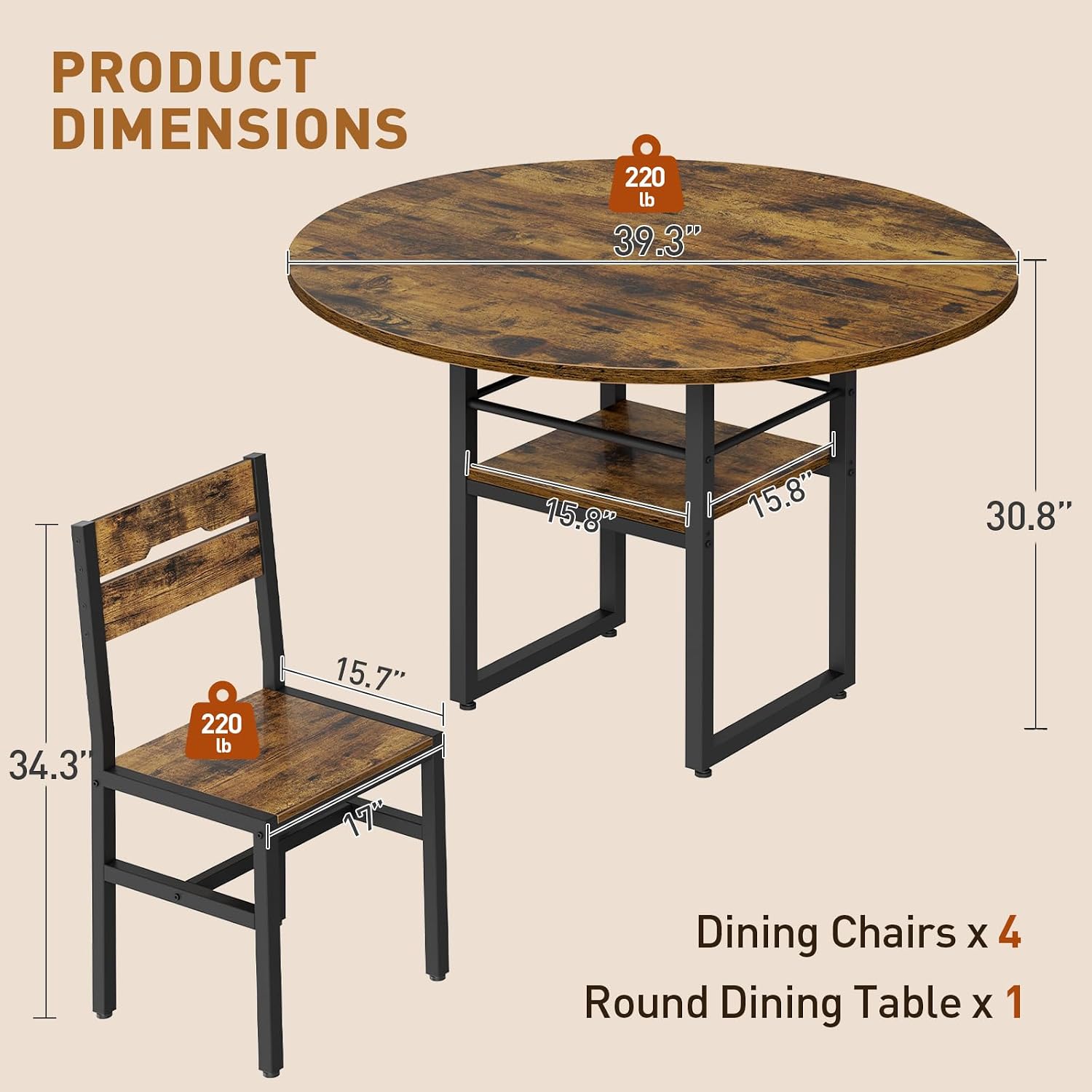 RALGEND Round Dining Table Set for 4, 5-Piece Kitchen Table and Chairs with Storage Shelf, Circle Dinner Table Set with Wooden Tabletop & Metal Legs, for Kitchen & Dining Room, Rustic Brown and Black