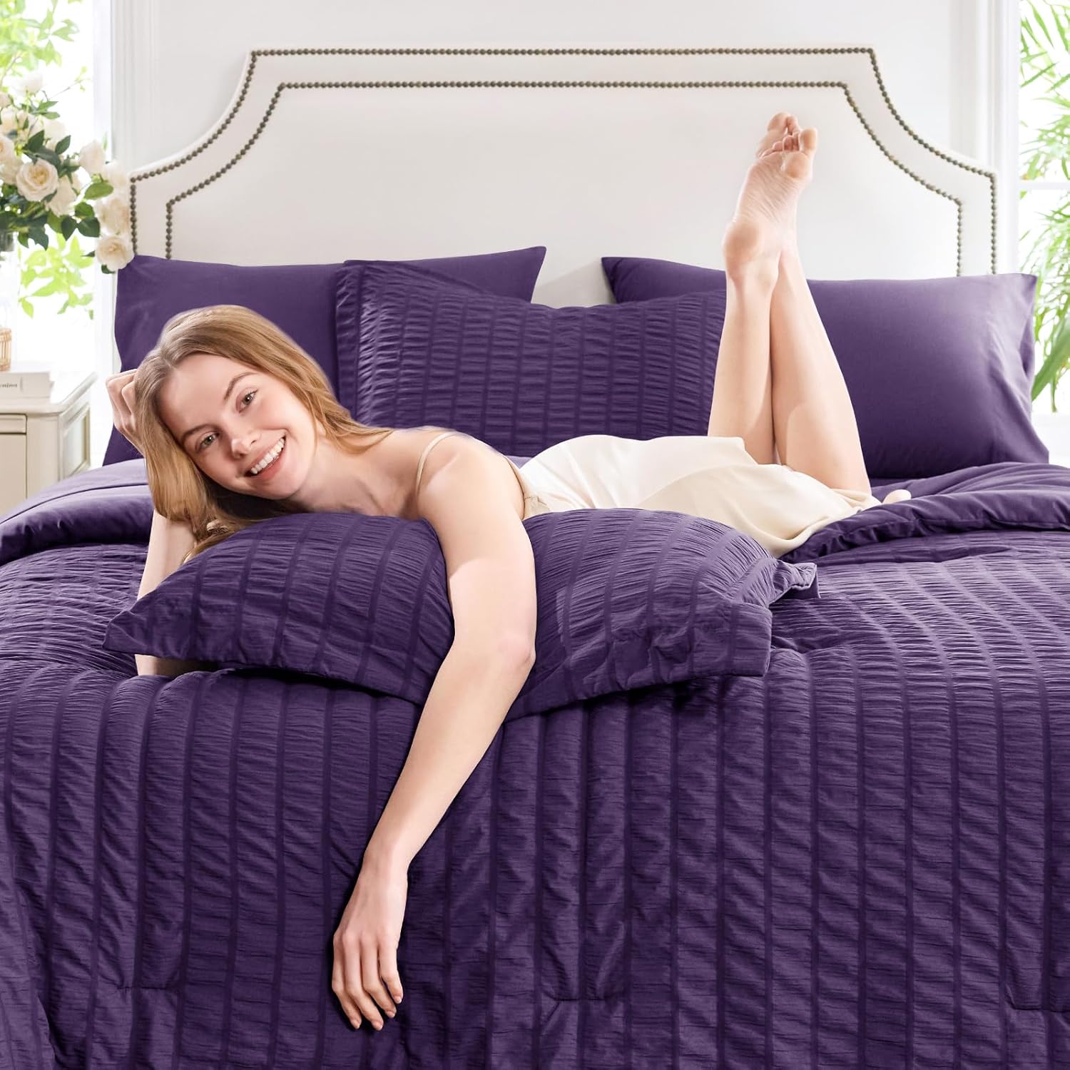 CozyLux Queen Comforter Set Purple Seersucker 7 Pieces Bed in a Bag Queen Comforter Set with Sheets, Luxury Soft Bedding Set with Down Alternative Comforter, Sheets, Pillowcases & Shams for All Season