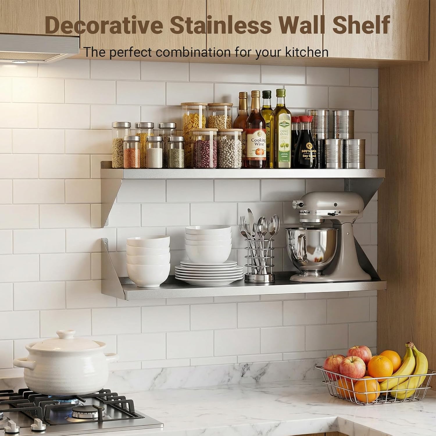 Stainless Steel Wall Shelf 12" x 24" 260lb, Metal Commercial Kitchen Shelves Wall Mount with Reversible Brackets, Heavy Duty Wall Storage Rack for Home, Restaurant, Garage, Hotel, Silver