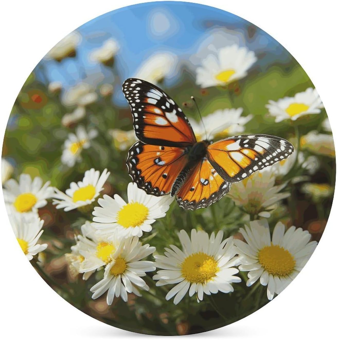 Butterfly on Daisy Flower Coasters for Drinks Absorbing Round Ceramic Stone Coaster with Cork Base Coffee Cup Beverage Table Cup Mat Modern Style Bar Coaster Set for Home Decor