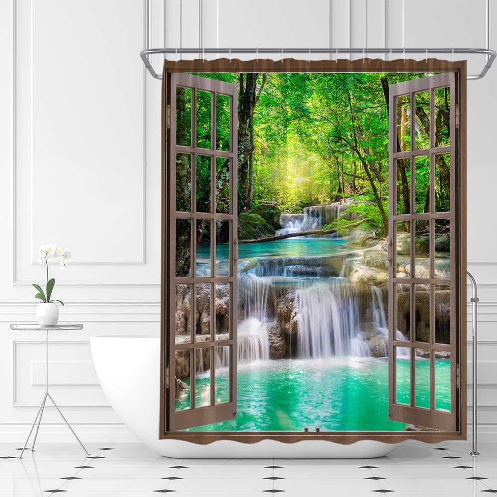 Waterfall Shower Curtain Brown Wooden Window Forest Lake Tropical Rainforest Jungle Green Plant Nature Landscape Fabric Bathroom Curtains Decor Set with Hook(180" Wx70 H)