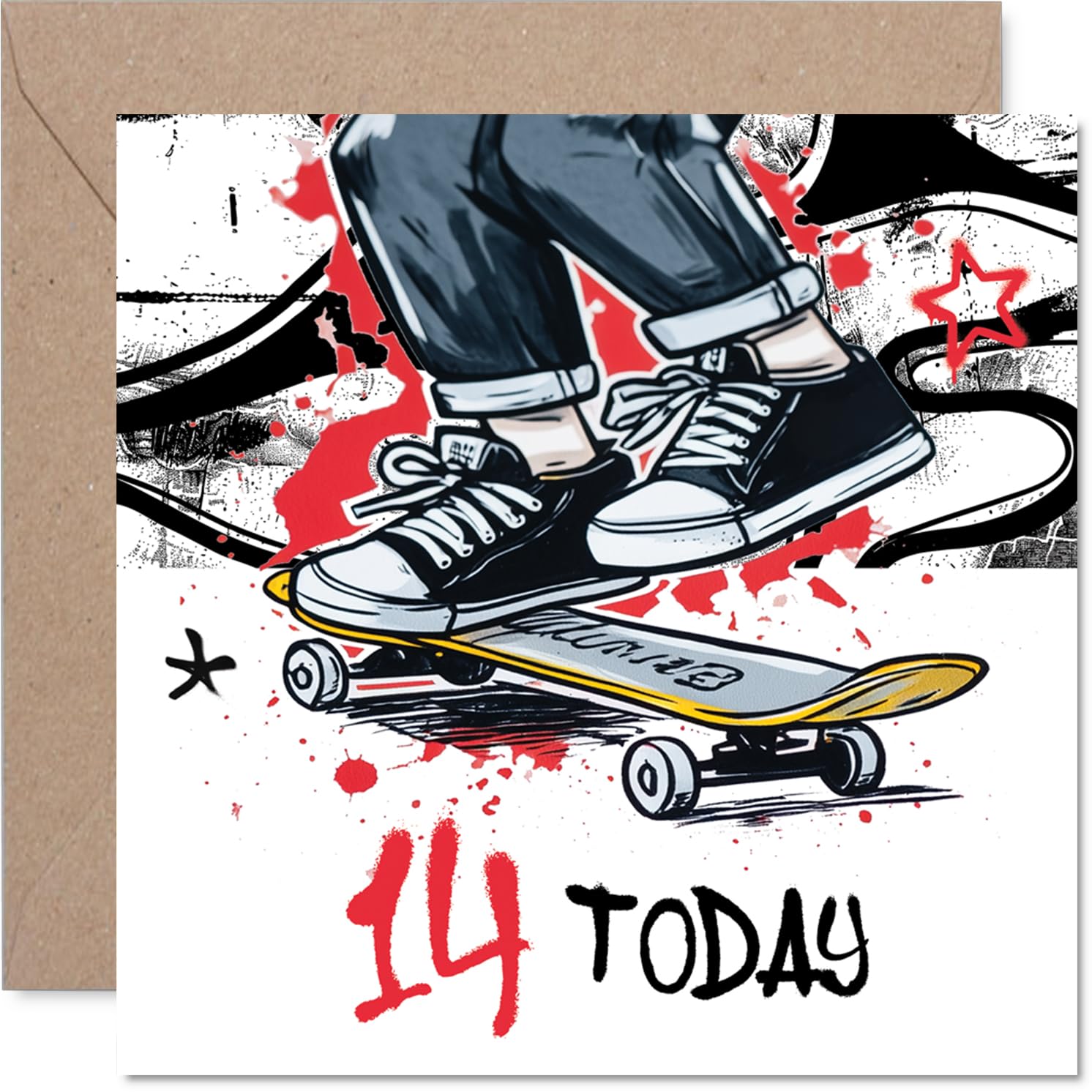 Playful 14th Birthday Card - Big Tricks and Birthday Vibes - Energetic Skateboarder Leaps Across Bold 14 TODAY Design - Full of Youthful Spirit - 145mm Square, Envelope Included