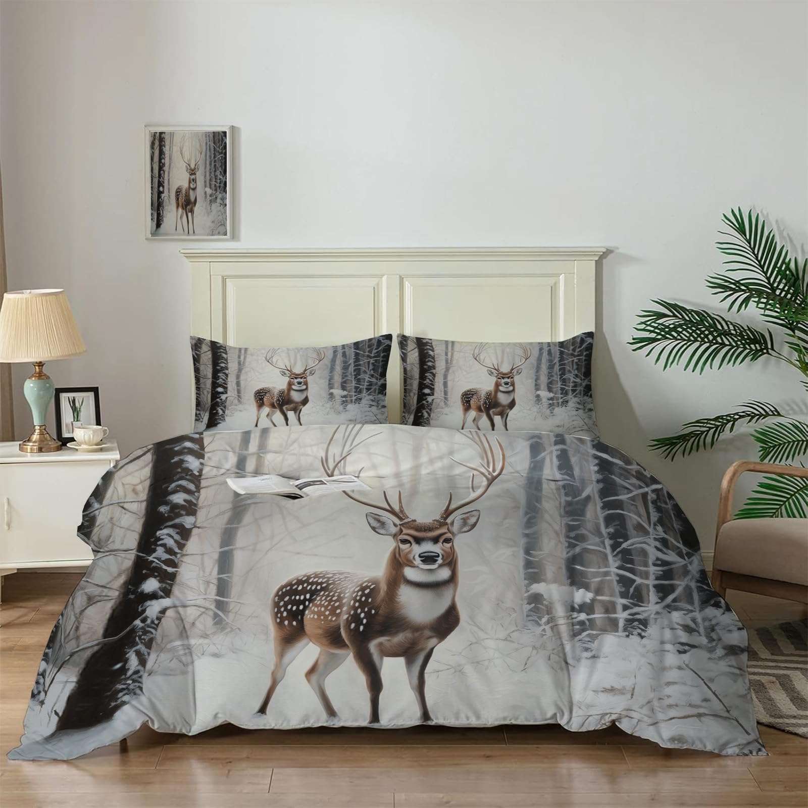 Housse de couette 240x260cm en microfibre brossée motif nature hivernale