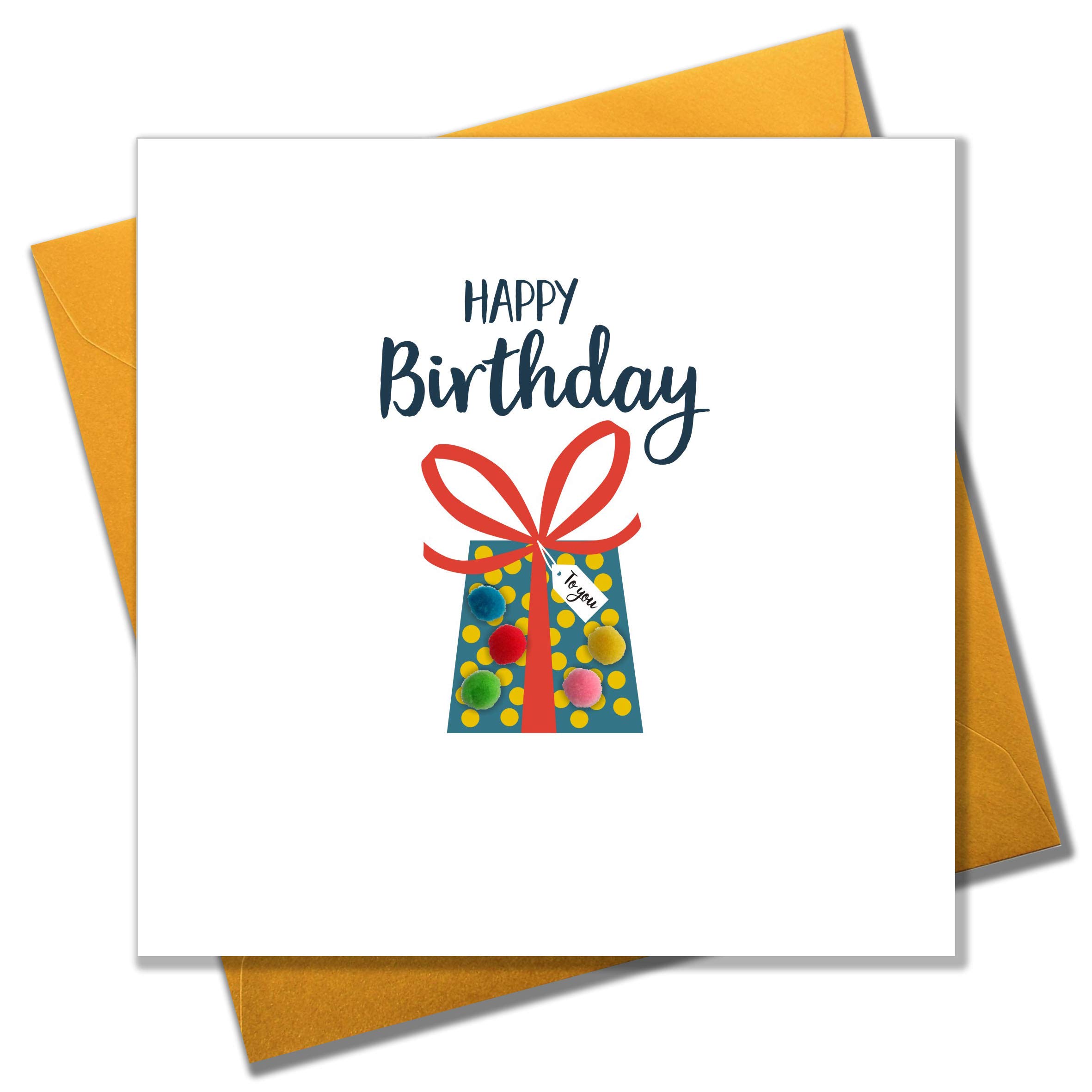 Claire Giles Greeting Cards, Happy Birthday Card, Dotty Present design Greeting Card, Embellished with colourful Pompoms