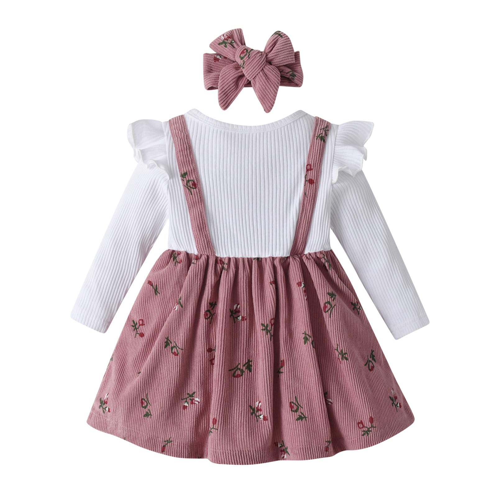 Baby-Mädchenkleidung Kleid mit Langen Rüschenärmeln, Outfits mit Schleife und Hosenträgern, Rock