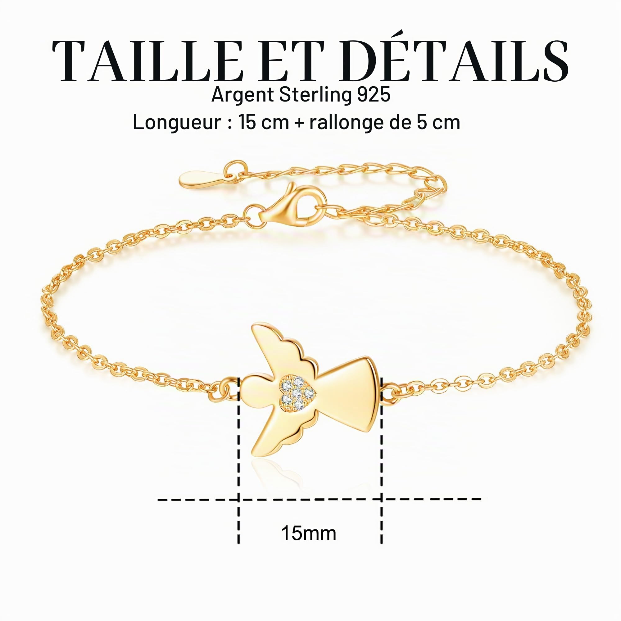 Jrêveinfini Bracelet Ange Gardien en Argent 925 avec Zirconium - Disponible en Argent, Or Rose et Or - Pour Femmes et Filles