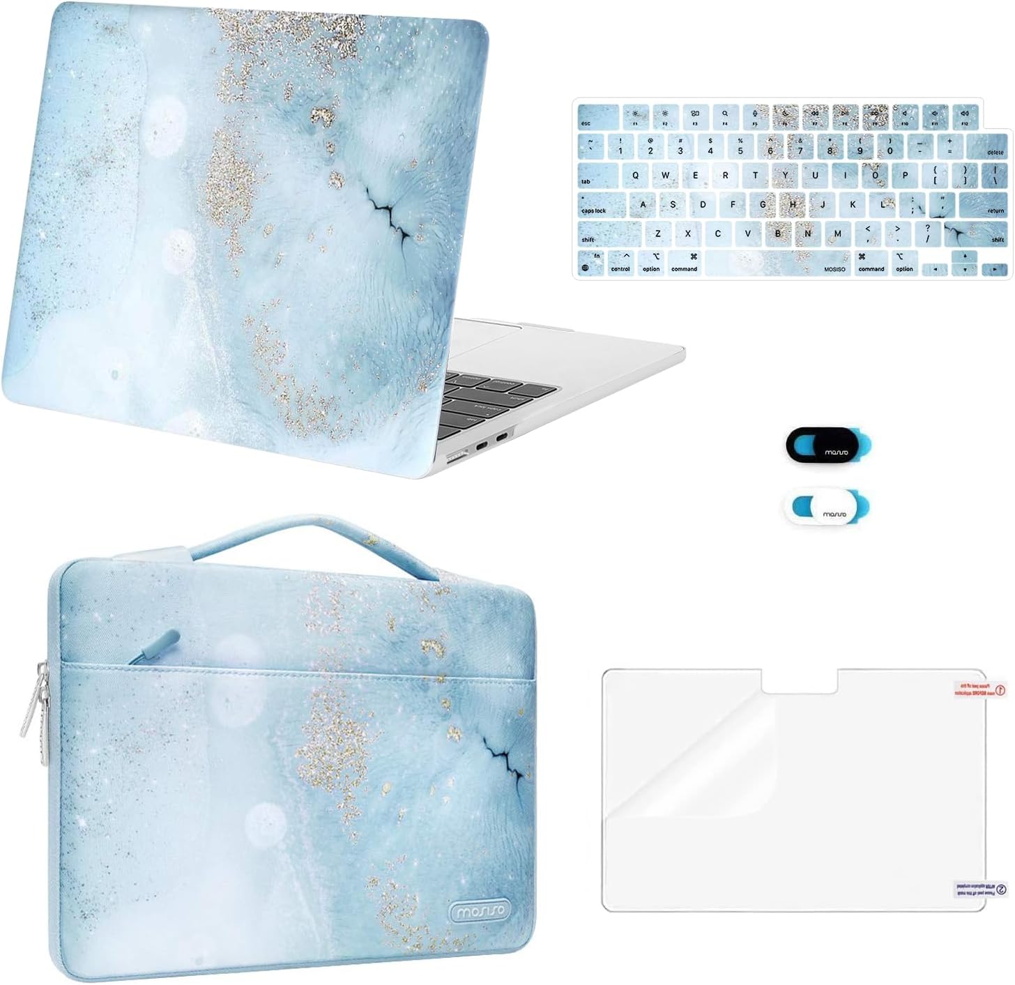 MOSISO Compatible with MacBook Air 13 inch Case 2026 2025 2024 2023 2022 M4 A3240 M3 A3113 M2 A2681, Hard Shell&Bag&Keyboard Cover&Webcam Cover&Screen Film for MacBook Air 13.6 inch, Mint Blue Marble