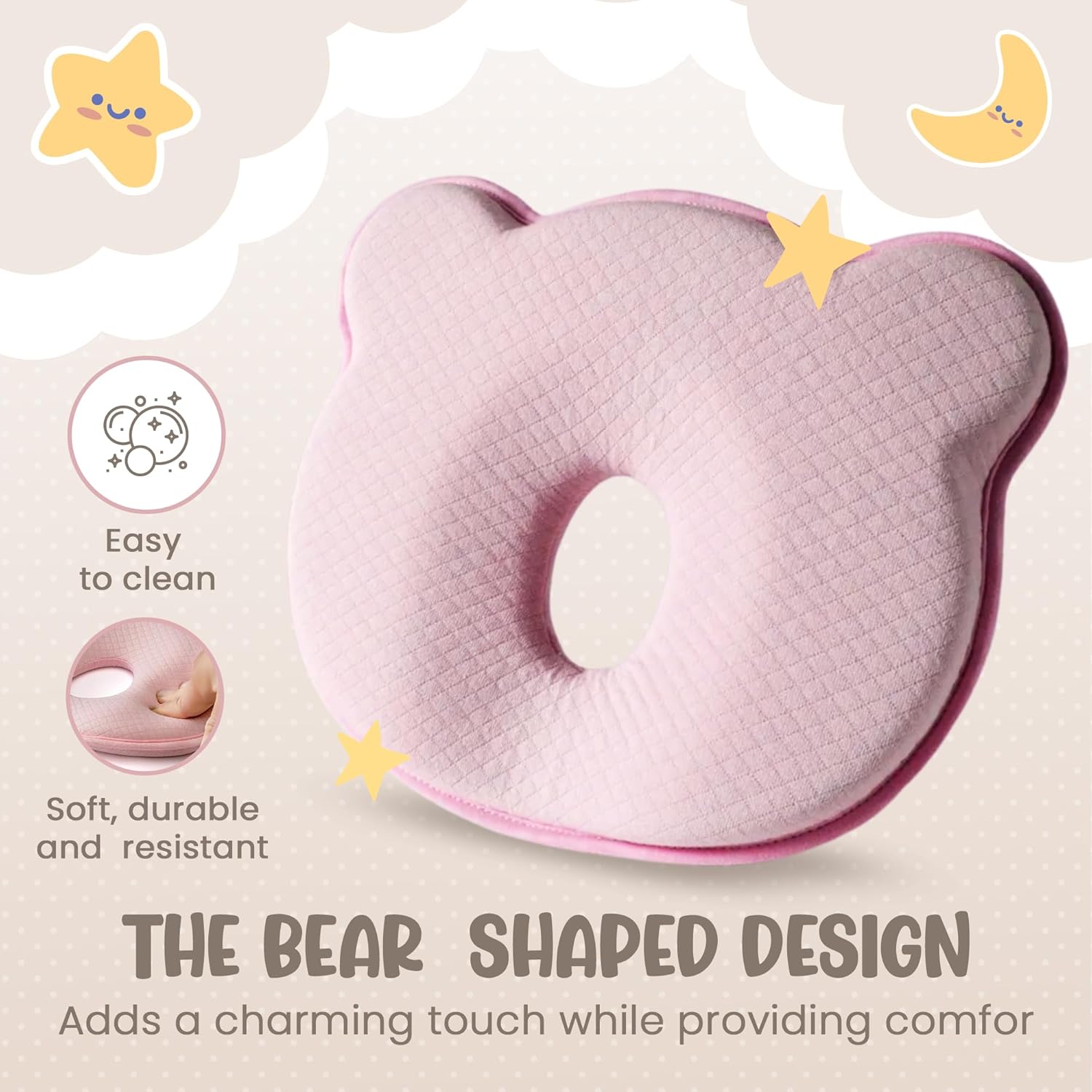 Soft and Breathable Baby Pillow with Memory Foam and Bear Design (Pink) - Image 5