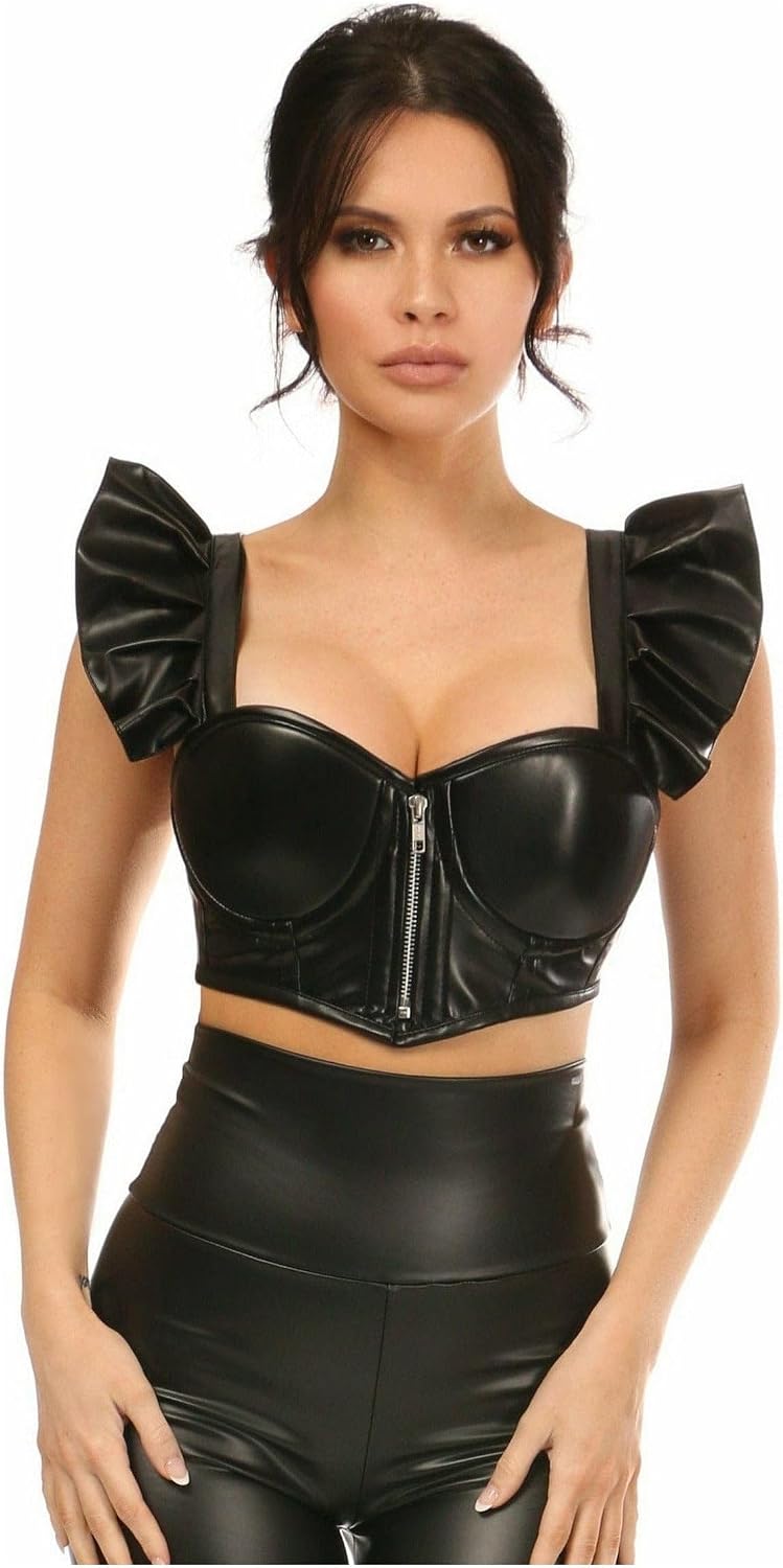 Daisy corsets Women's Daisy Corsets Lavish Faux Leather Underwire Bustier Top W/Removable Ruffle Sleeves