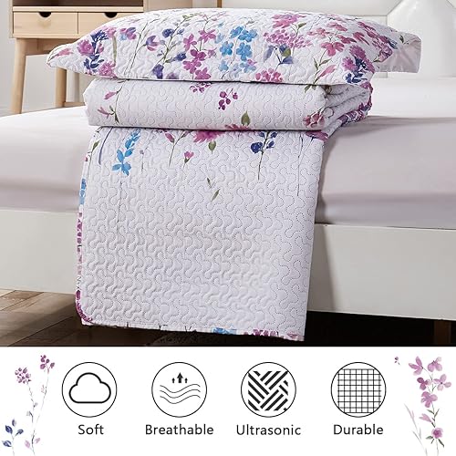 Miniatura 7 de Juego de cama matrimonialqueen de verano, diseño botánico de hojas y flores lila, color púrpura, azul, verde, liviano, delgado, transpirable colcha