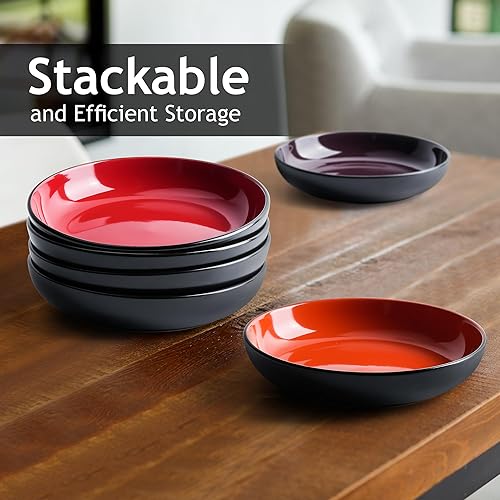 Miniatura 4 de MIAMIO Juego de 6 cuencos para pastaensalada de 30 onzas  8.5 pulgadas, platos de pasta anchos y poco profundos, platos grandes de cerámica profunda