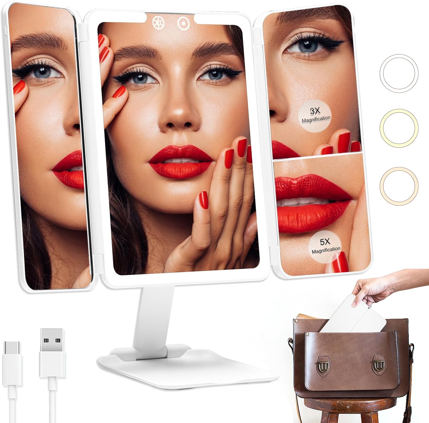 Travel Makeup Mirror with Lights, 1x/3x/5x Trifold Lighted Makeup Mirror with Magnification, Vanity Mirror with Lights, LED Portable Mirror for Desk with 3 Color Lights and Touch Sensor Design, White