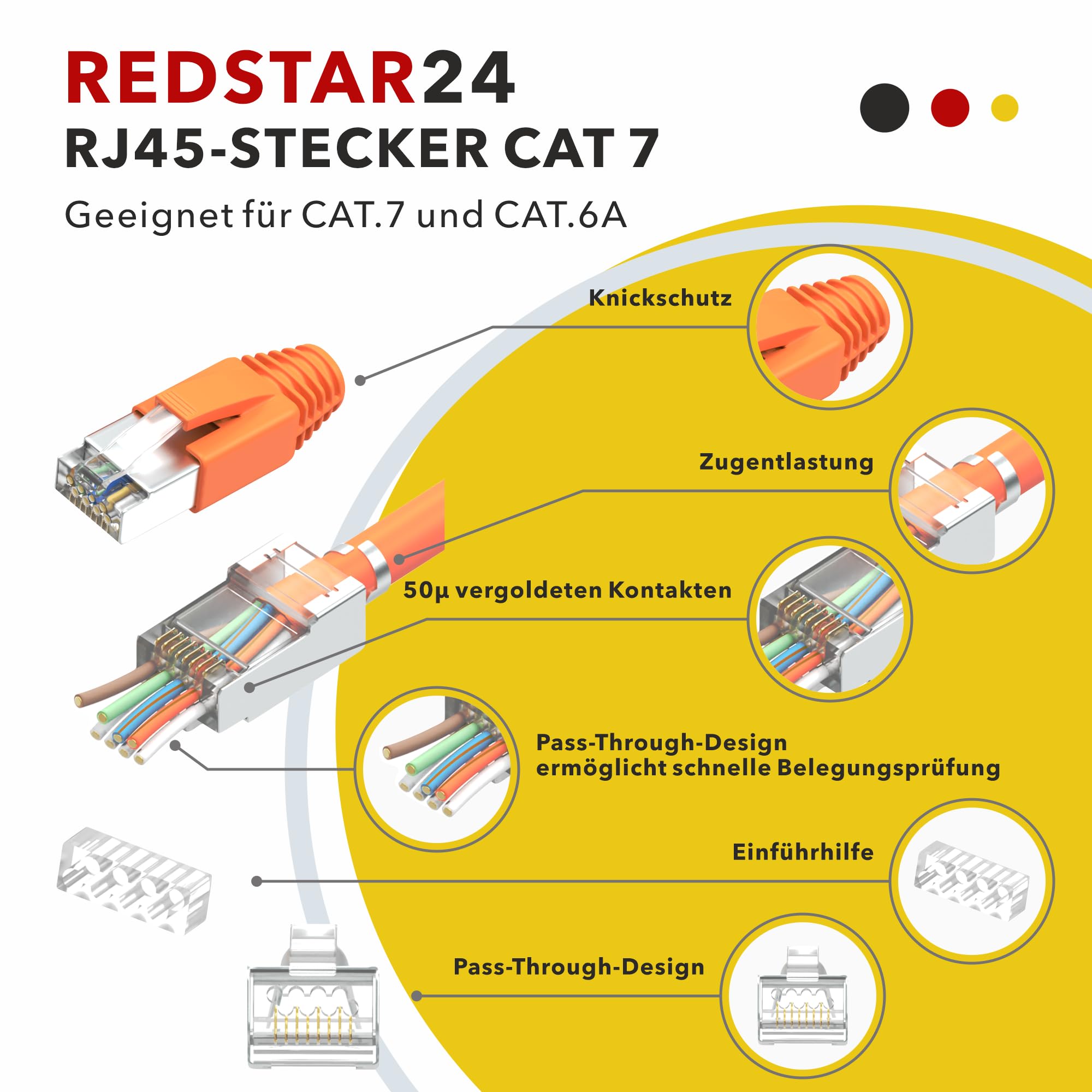 Set di 50 connettori RJ45, Cat7, spina di rete, Pass Through e schermata, con scarico della trazione, beccuccio antipiega arancione e ausilio di inserimento, ideale per cavo di posa CAT 7, Cat6A