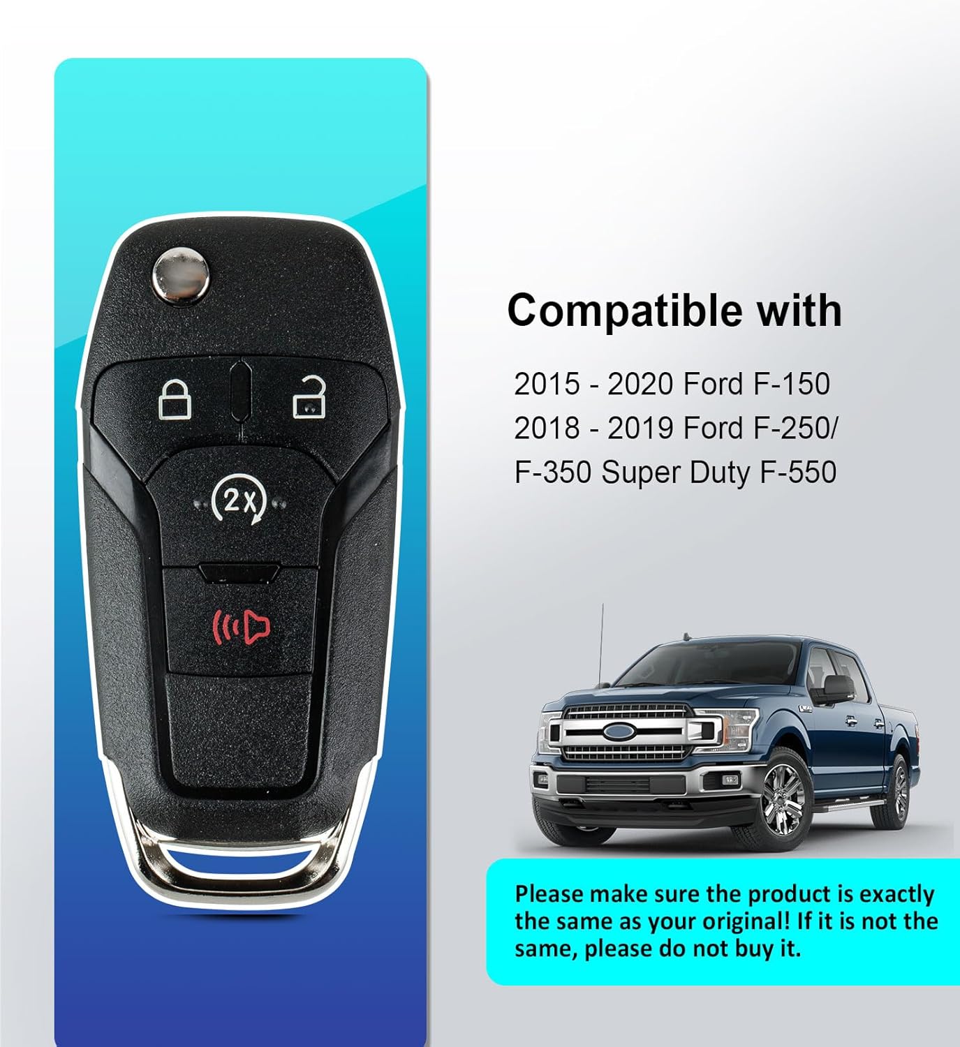 Car Key Fob Keyless Entry Self Programmable Remote Kit Replacement for 2015-2020 Ford F-150/2018-2019 Ford F-250/F-350 Super Duty F-550 (4 BTN FILP Key/N5F-A08TDA)