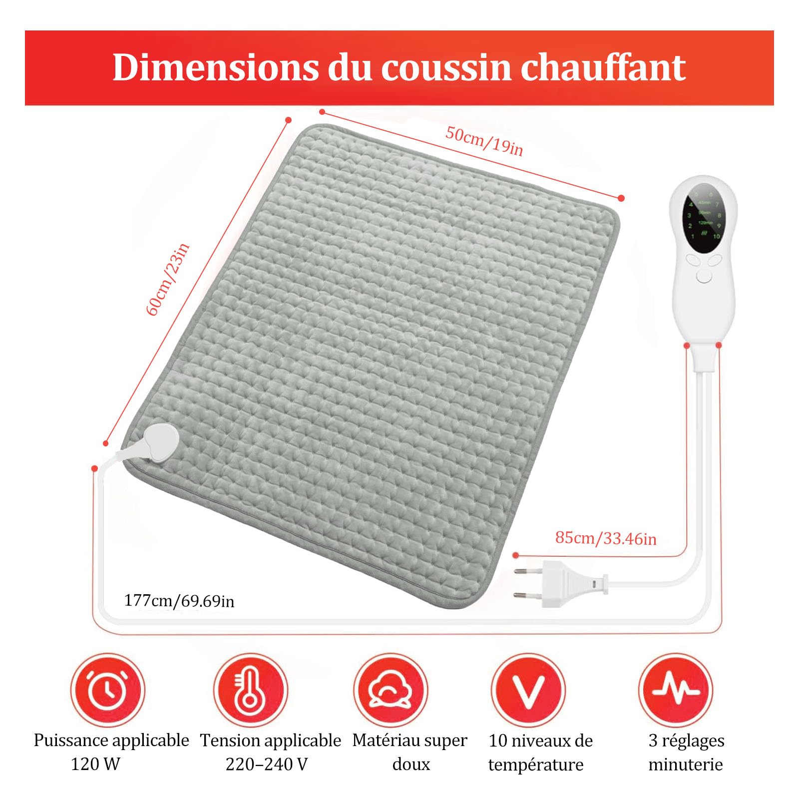 Cyfie - Cojín térmico (50 x 60 cm, 10 niveles, con controlador, y cojín eléctrico rápido para espalda, cuello, hombros, longitud del cable 250 cm