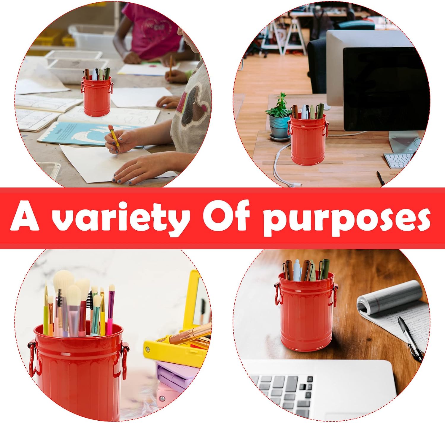 LELE LIFE Retro Barrel Pen Holder with 2 Handles, Metal Pencil Holder Pen Cup, Makeup Brush Holder, Cute Pen Organizer for Desk Office Home, Red image 2