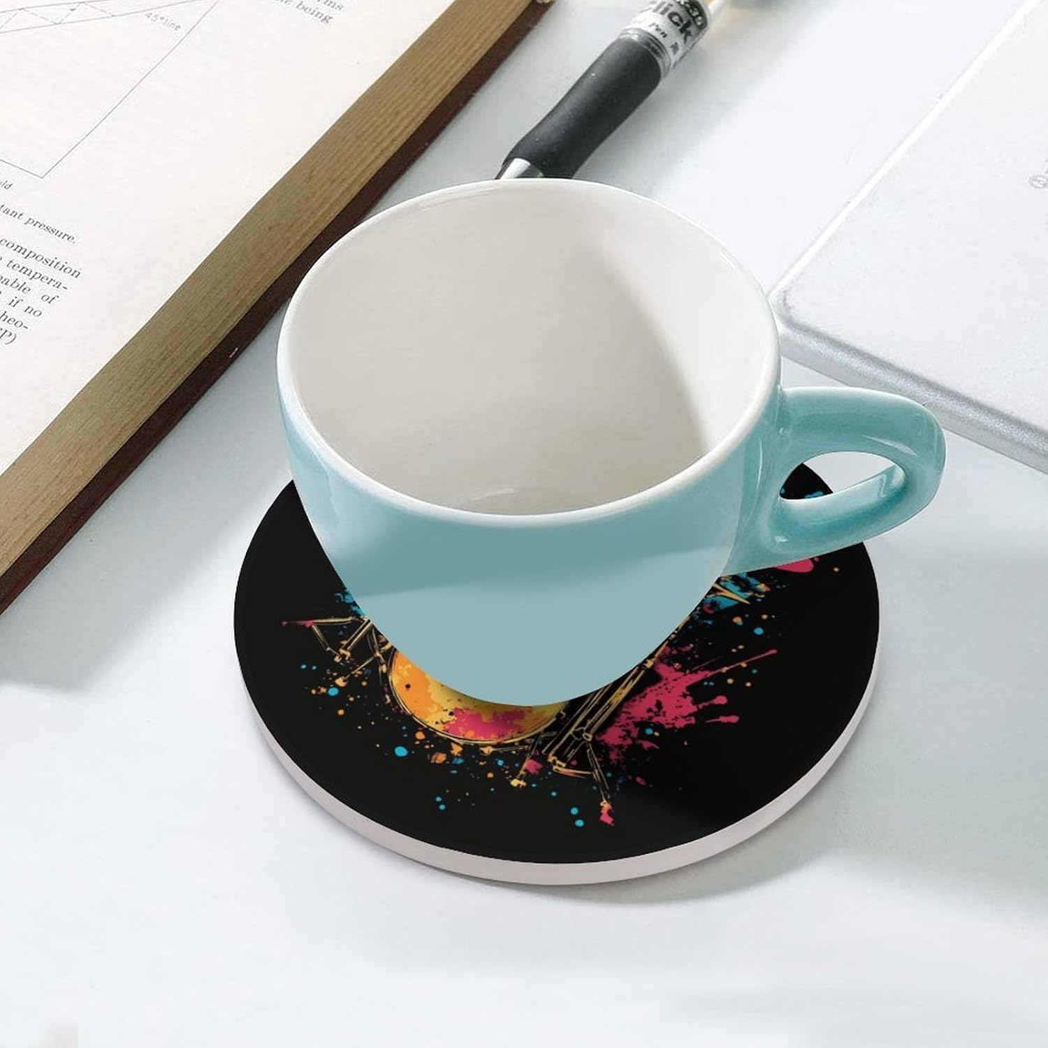 Colorful Drum Set Round Ceramic Coasters for Drinks Absorbent Cup Holder Tabletop Protector with Cork Base