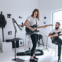 Vista 7 de BILIONE Soporte de micrófono con base ponderada, soporte de micrófono de piso con brazo de boom y bandeja de accesorios para micrófono, soporte