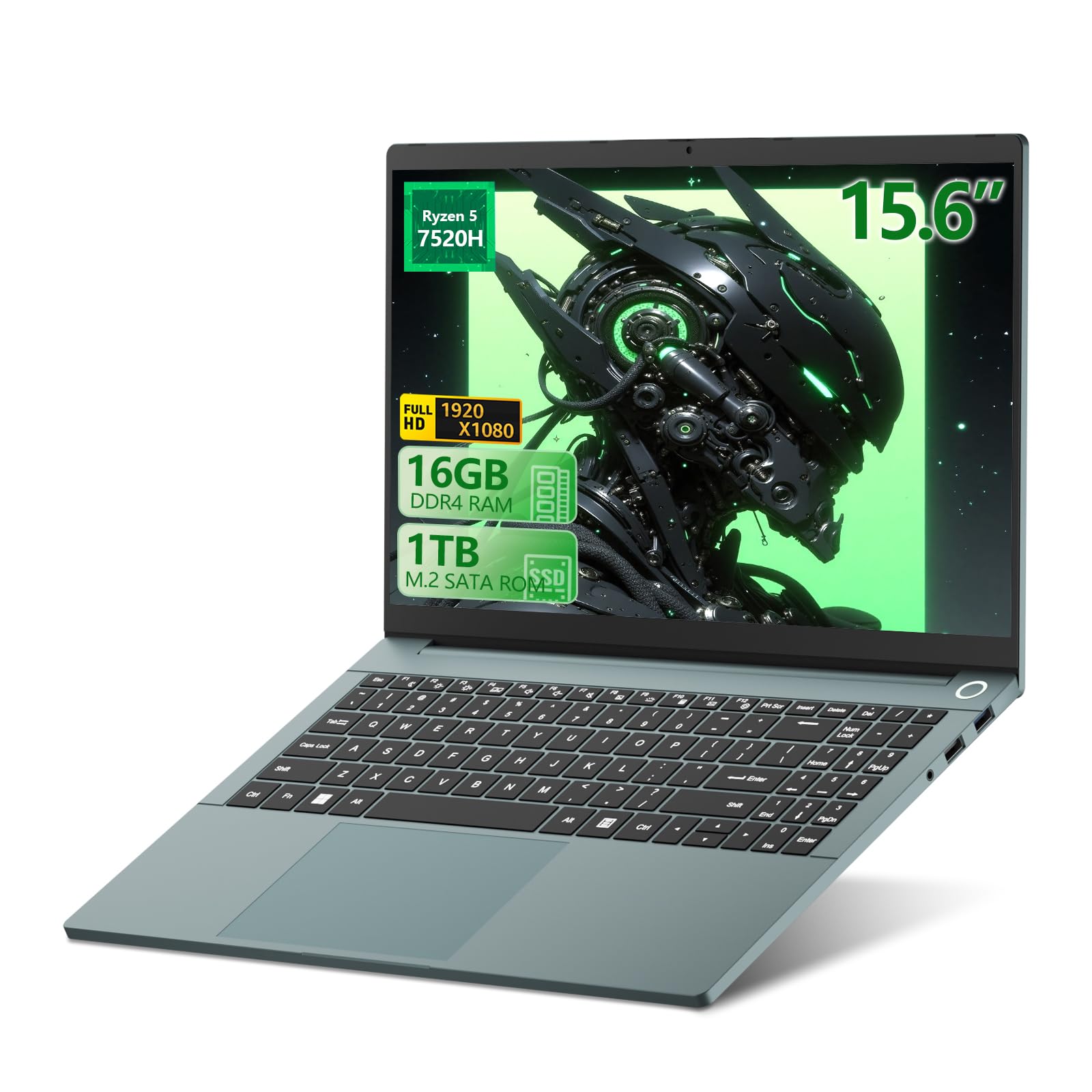 15,6 pulgadas Ordenador Portátil Ryzen 5 7520H, PC Portátil 16GB RAM SSD 1TB, Laptop con 2*tipo C, USB 3.0, HDMI, teclado digital retroiluminado, desbloqueo por huella dactilar Computadora portatil