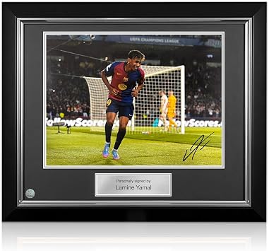 Lamine Yamal Signed Barcelona Football Photo Goal. Deluxe Frame