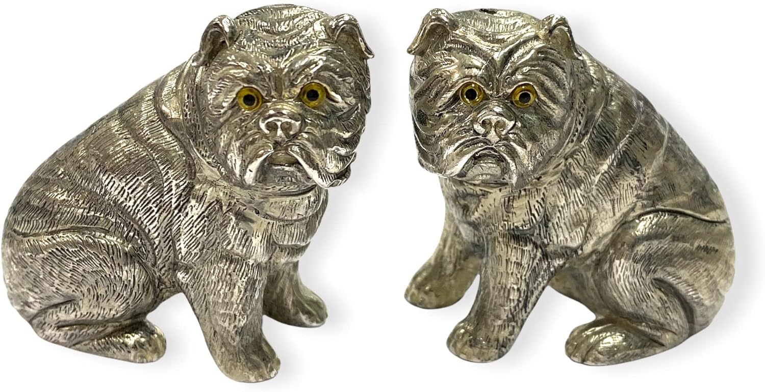 Novelty Style Bulldog Pair with Glass Eyes Salt and Pepper Shaker Pots 925 Silver Plated
