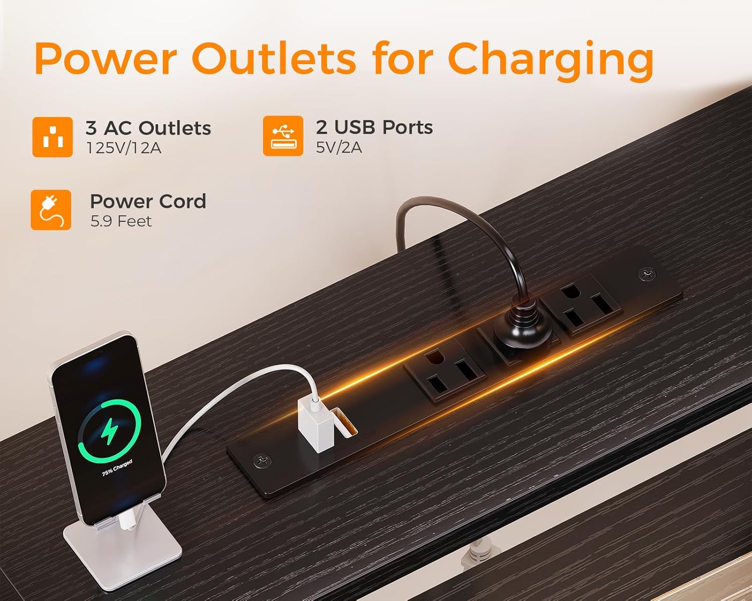 Close-up of the integrated power outlets and USB ports on the desk.