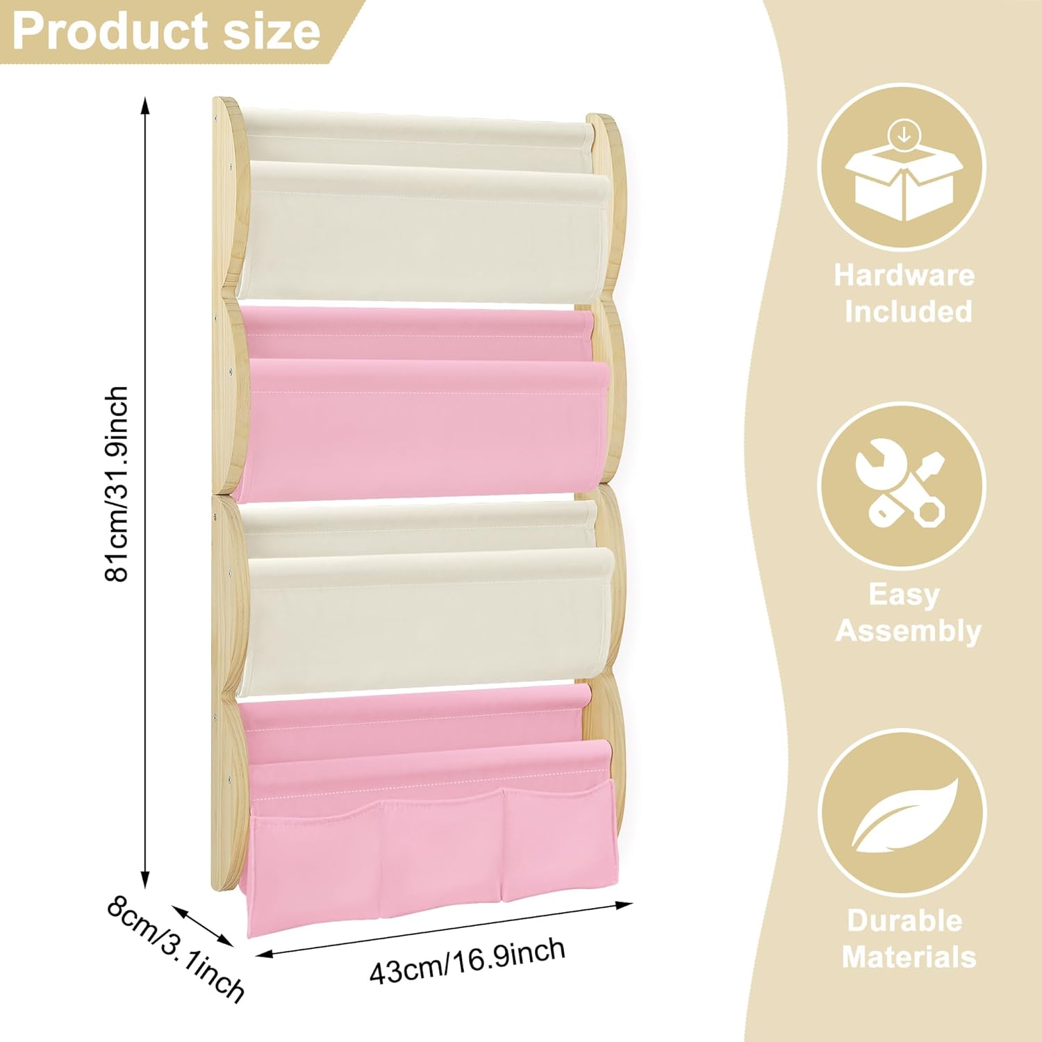 Wooden Wall Mounted Bookshelf for Kids Rooms, 4 Tier Floating Nursery Book Shelf, Kids Bookshelf with 2 Pockets, Toddler Sling Book Rack with Deep Sleeves (Pink)