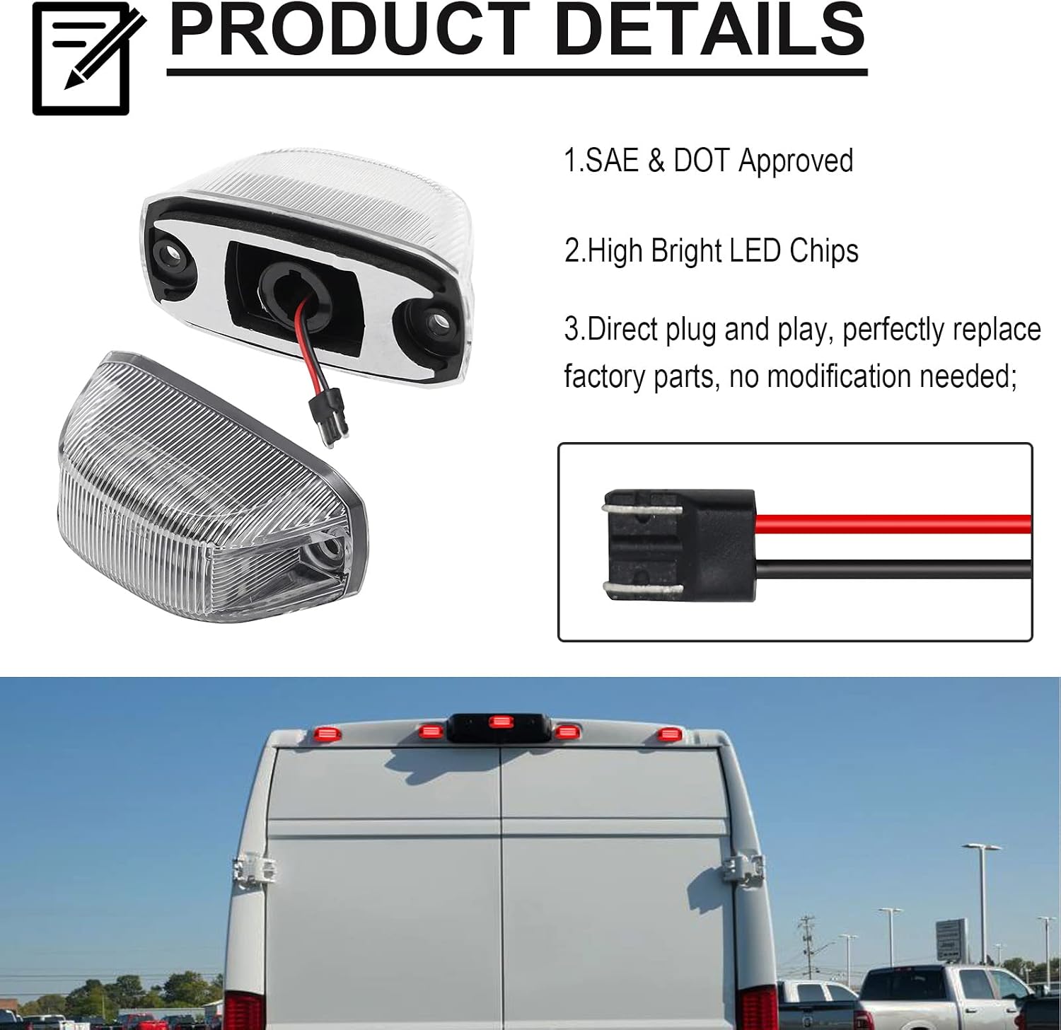 5 PCS LED Rear Top Cab Roof Light Replacement for Ram Promaster 1500 2500 3500 2014-2023, Clear Rear Roof Mounted Cab Clearance Lamp Assembly Replace OE 68169776AD