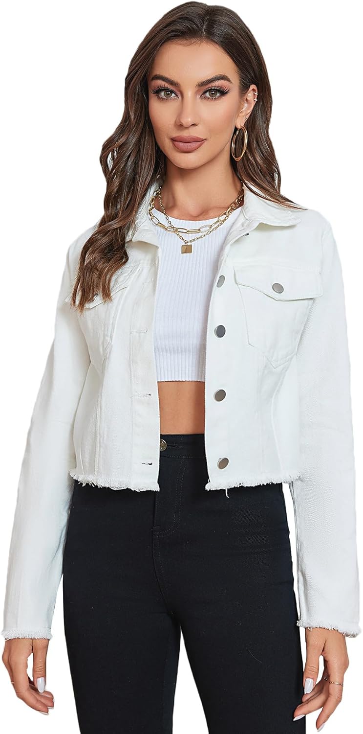 Women's Cropped Jean Jacket Button Up Casual Ripped Frayed Washed Denim Jacket