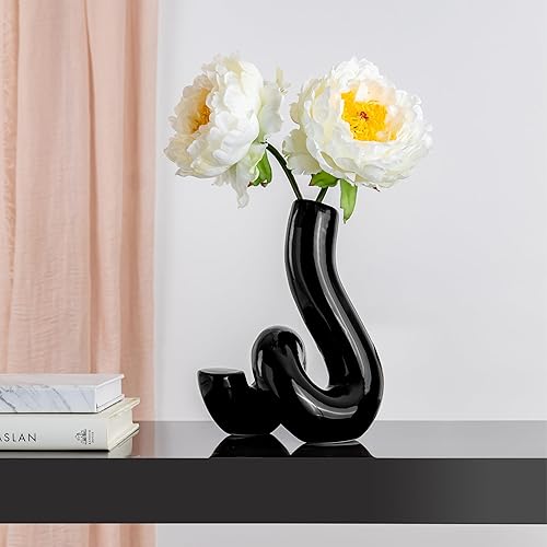 Jarrón negro Abstact, jarrones de cerámica negra para decoración, bonito y moderno jarrón de decoración del hogar, decoración de estantes, sala de