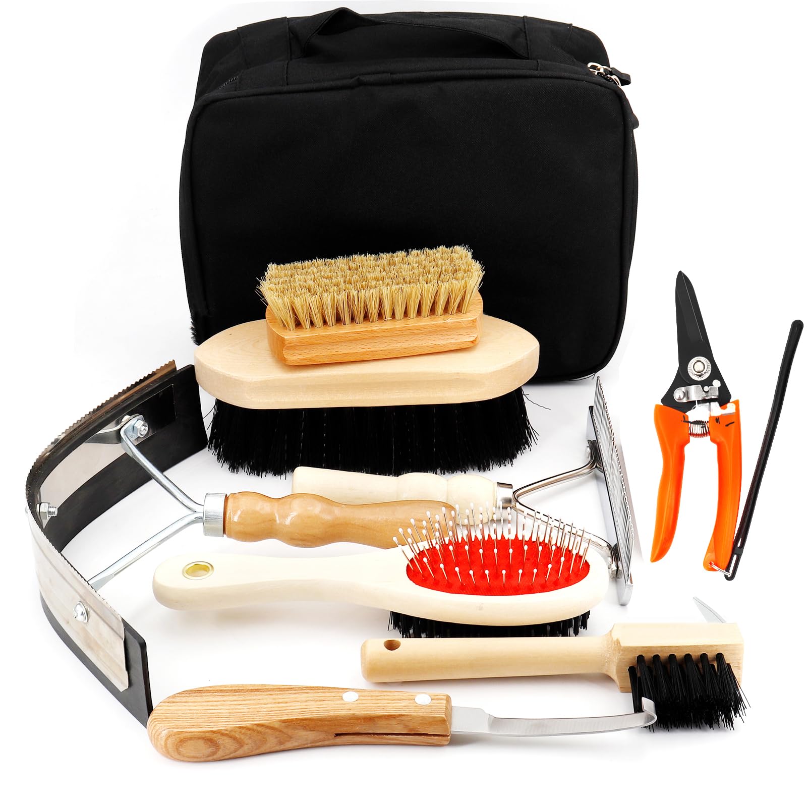 Kit de aseo de caballos, 8 piezas, juego de herramientas de limpieza de caballos, juego de cepillos de caballo, raspador de sudor de caballo, peine de melena con bolsa de almacenamiento