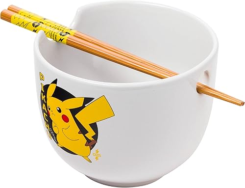 Silver Buffalo PK1530KD - Tazón de cerámica de Pikachu de Pokemon, con texto japonés, en caja, para ramen, con palillos, blancomulti, 20oz