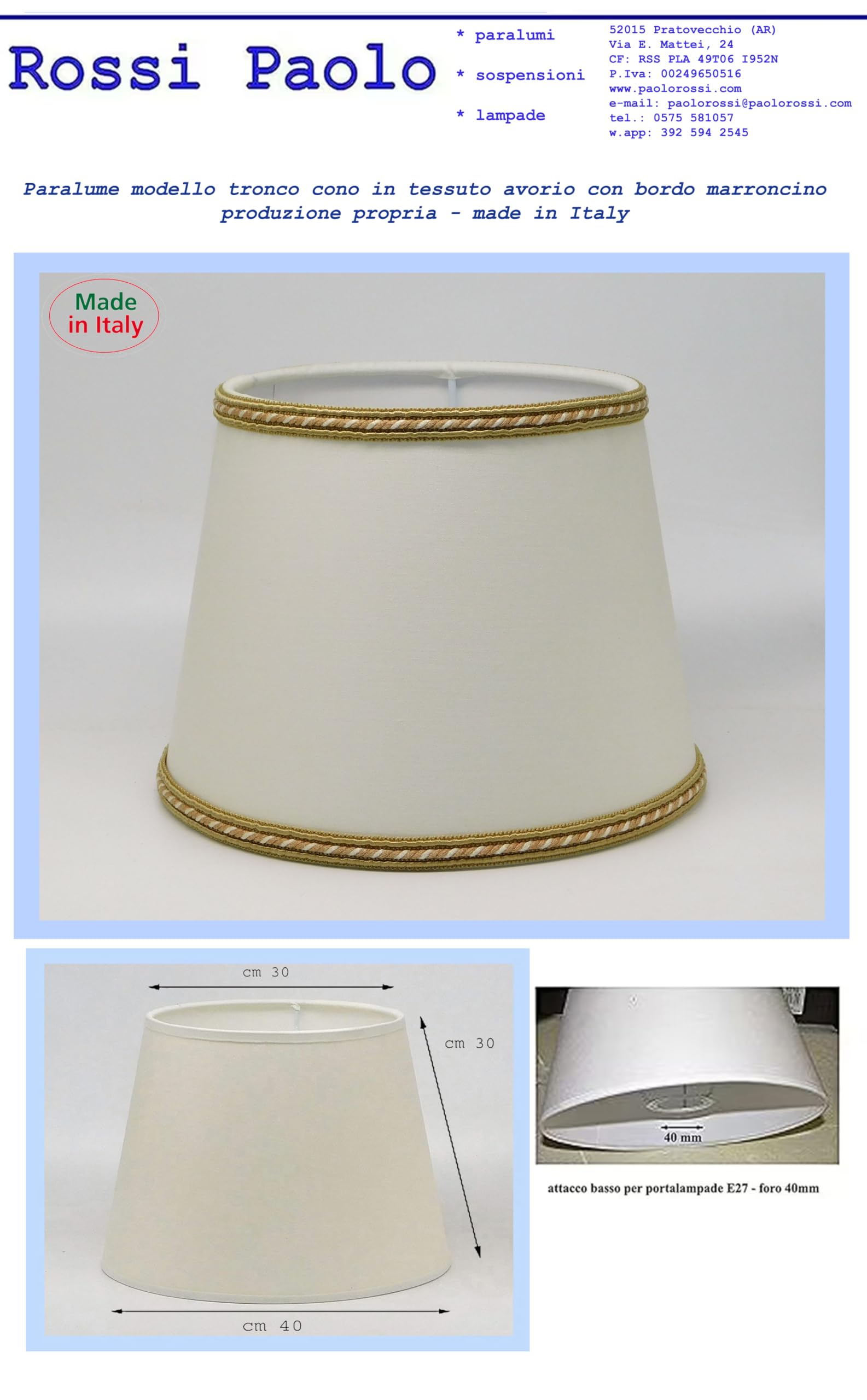 Paralume Prime Paolo Rossi tronco cono in tessuto avorio e interno PVC con rifinitura nocciola - Produzione Propria - Made in Italy (diametro cm 40)