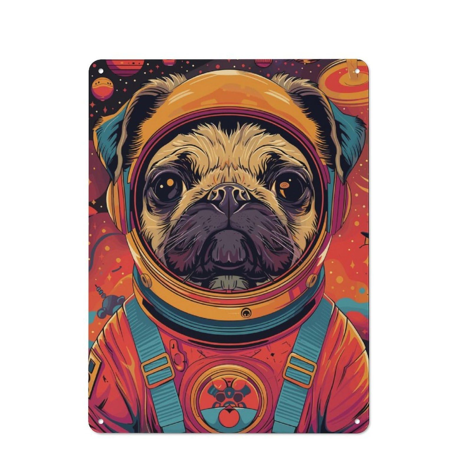 Astronaut Space Pug Animal Retro Metal Wall Sign 40x30cm for Guest Room Or Hallway, New-space Wall Decor for Home Decor Collectors
