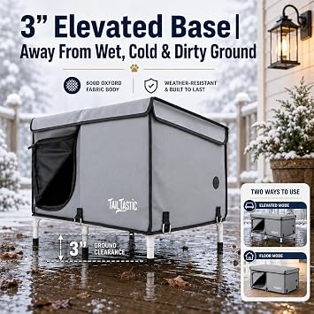 Outdoor Cat House Elevated,Insulated Feral Cat House Outdoor for Winter,Waterproof Cat Bed with Cozy Cushion(Grey, Large)