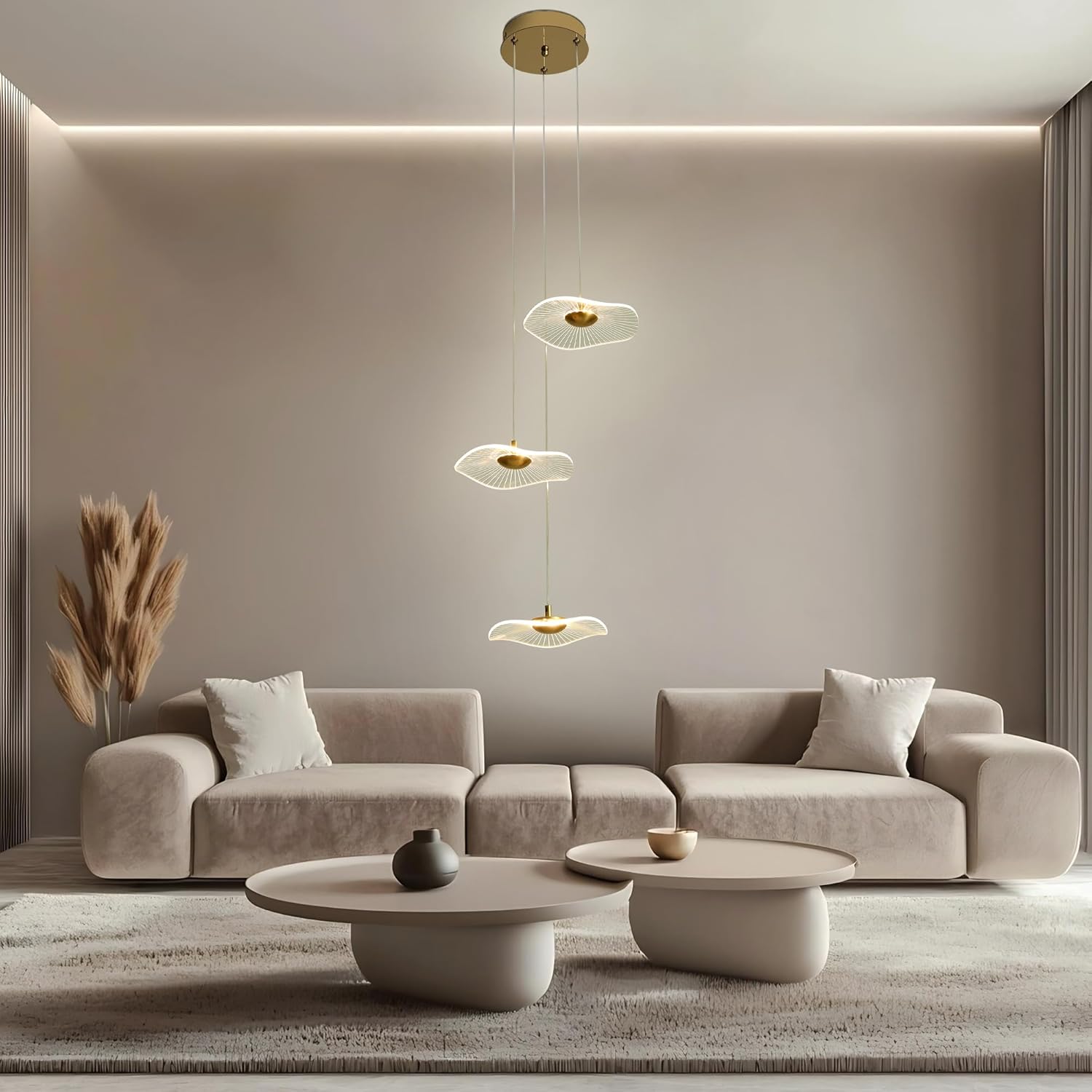 Gold Linear Lotus Leaf Chandelier, 3-Light, Modern Dimmable LED Large Hanging Pendant Lighting Fixture with Remote, for High Ceilings Dining Room, Foyer, Entryway, Staircase