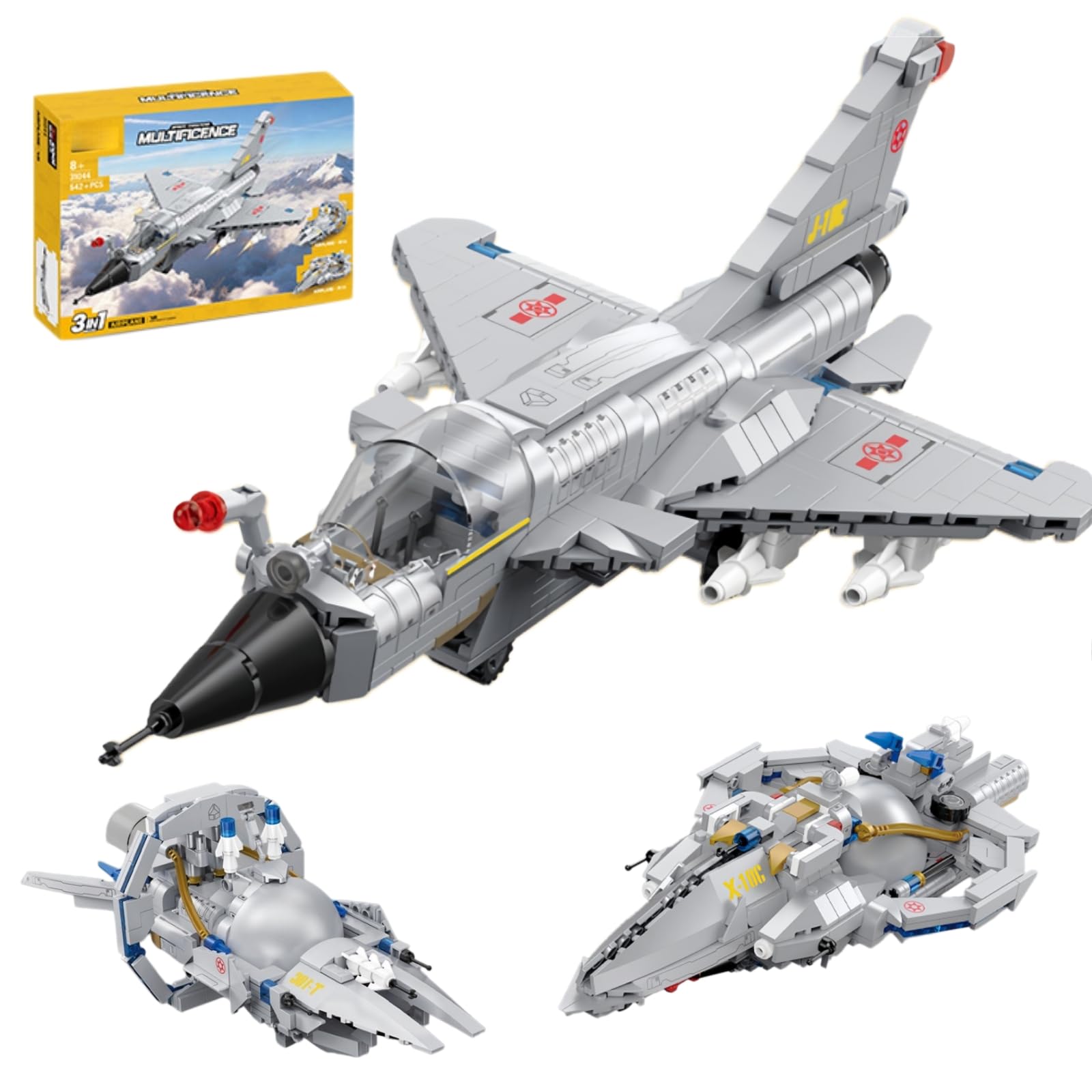 Fuleying 3 in 1 Space & Airplane Building Blocks Set for Adult, Build a Fighter Jet, Time Machine or Starship, Sci-Fi Aircraft Model for Home Decor, STEM Educational Toy Birthday Gift （542 PCS）