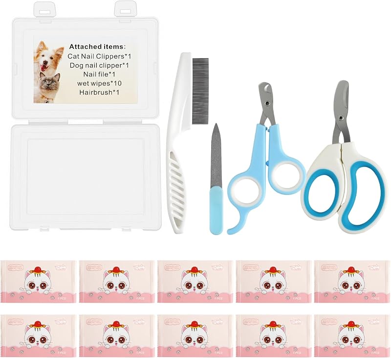 Pet Nail Clippers Kit for Cats and Dogs, Professional Grooming Set with Cat and Dog Nail Clippers, Nail File, Hairbrush, 10 Wet Wipes, Storage Case