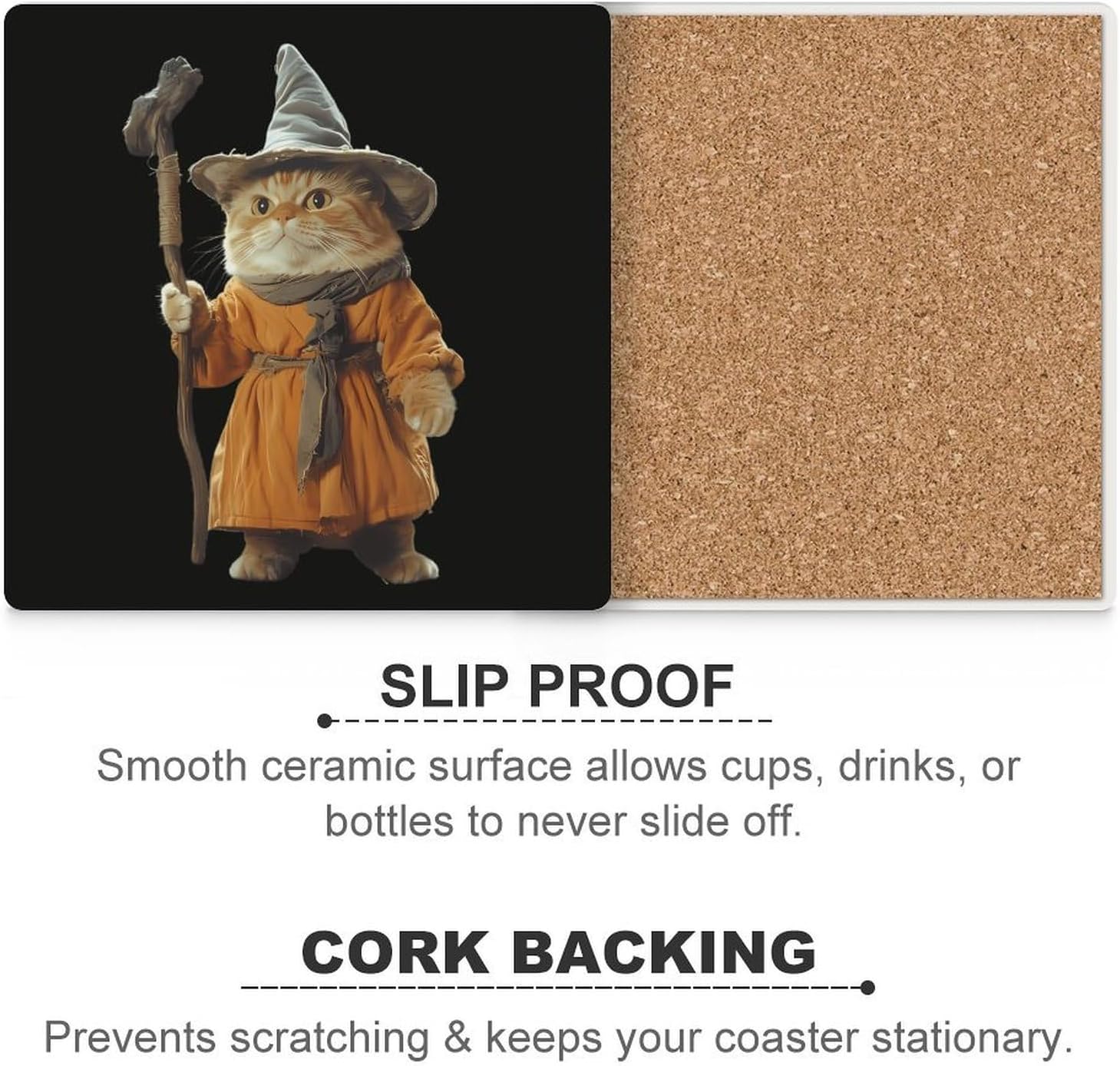 Wizard Weird Halloween Cat Funny Ceramic Coasters for Drinks Absorbent Cup Holder Tabletop Protector with Cork Base