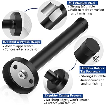 Door Stop, 8 Inch Extra Long Door Stop Wall Mounted Stainless Steel Black Door Stopper Bumper Rubber Tips, Modern Doorstops Door Holder Protection Sound Dampening for Home Indoor Outdoor