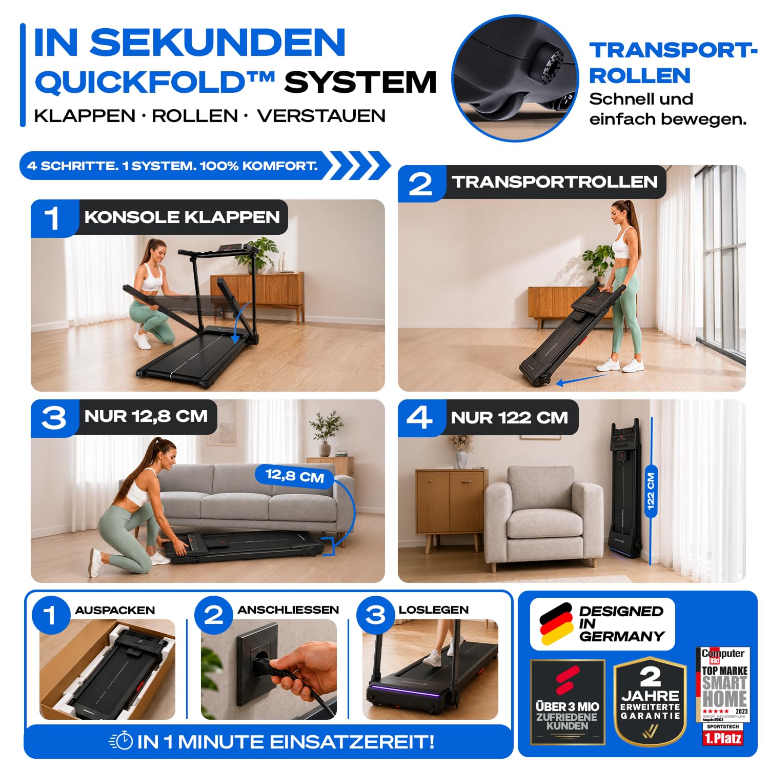 Sportstech sProRun Laufband für Zuhause klappbar, Laufband mit Steigung 9% | – 12 km/h, bis 120 kg, leise, LED Pulszonen, Premium App, Tablethalter für Home Workout, Designed in Germany