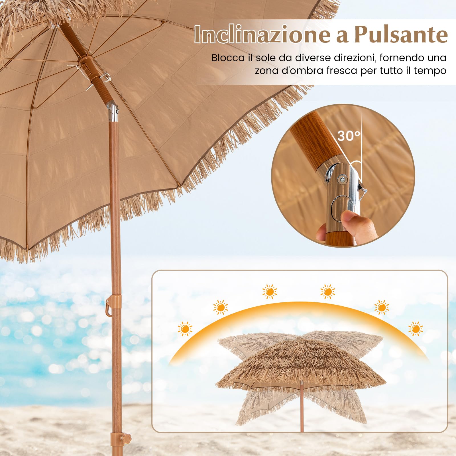 COSTWAY Ombrellone in Paglia PP da 200 cm, Ombrellone da Spiaggia Hawaiano con Inclinazione Regolabile, con Base Pieghevole, Borsa per il Trasporto, per Giardino Piscina