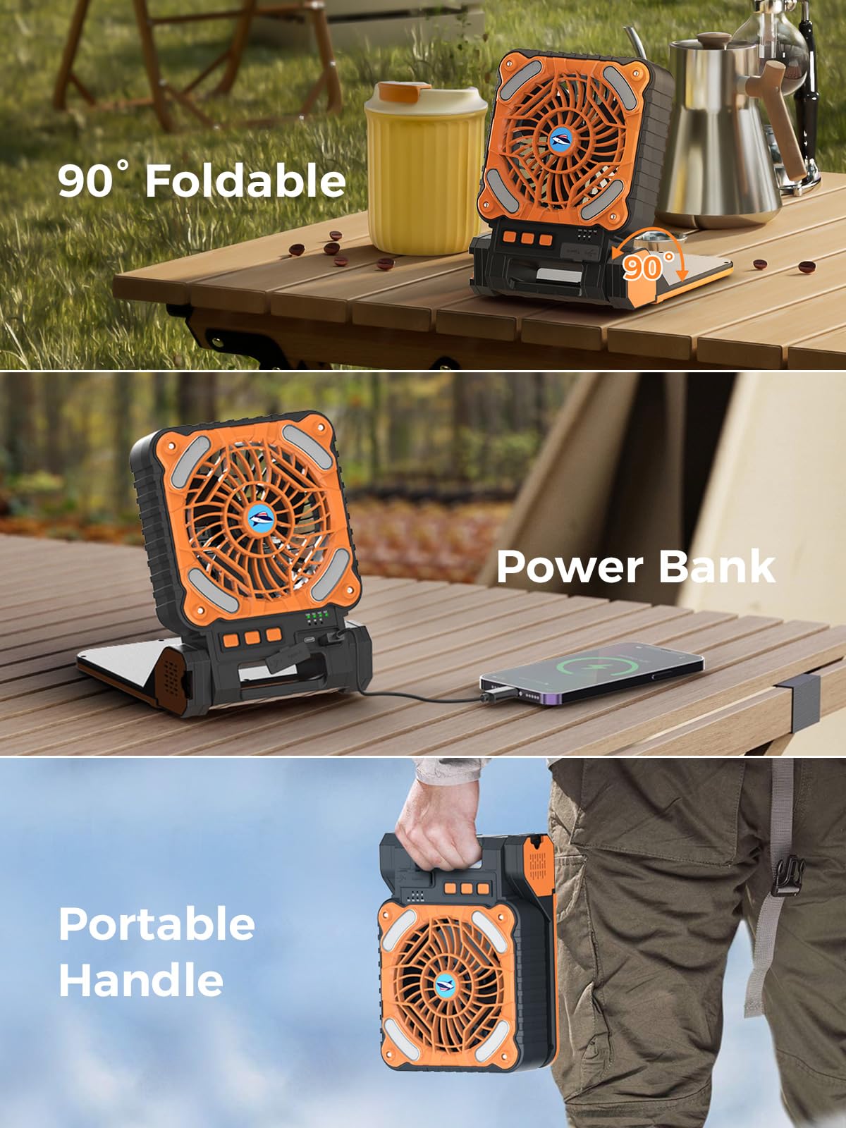Smiling Shark Wentylator kempingowy z diodą LED, przenośny wentylator kempingowy z ładowalnym światłem USB 90°, składany 4 prędkości i bezprzewodowy power bank, wentylator kempingowy, do wędkarstwa