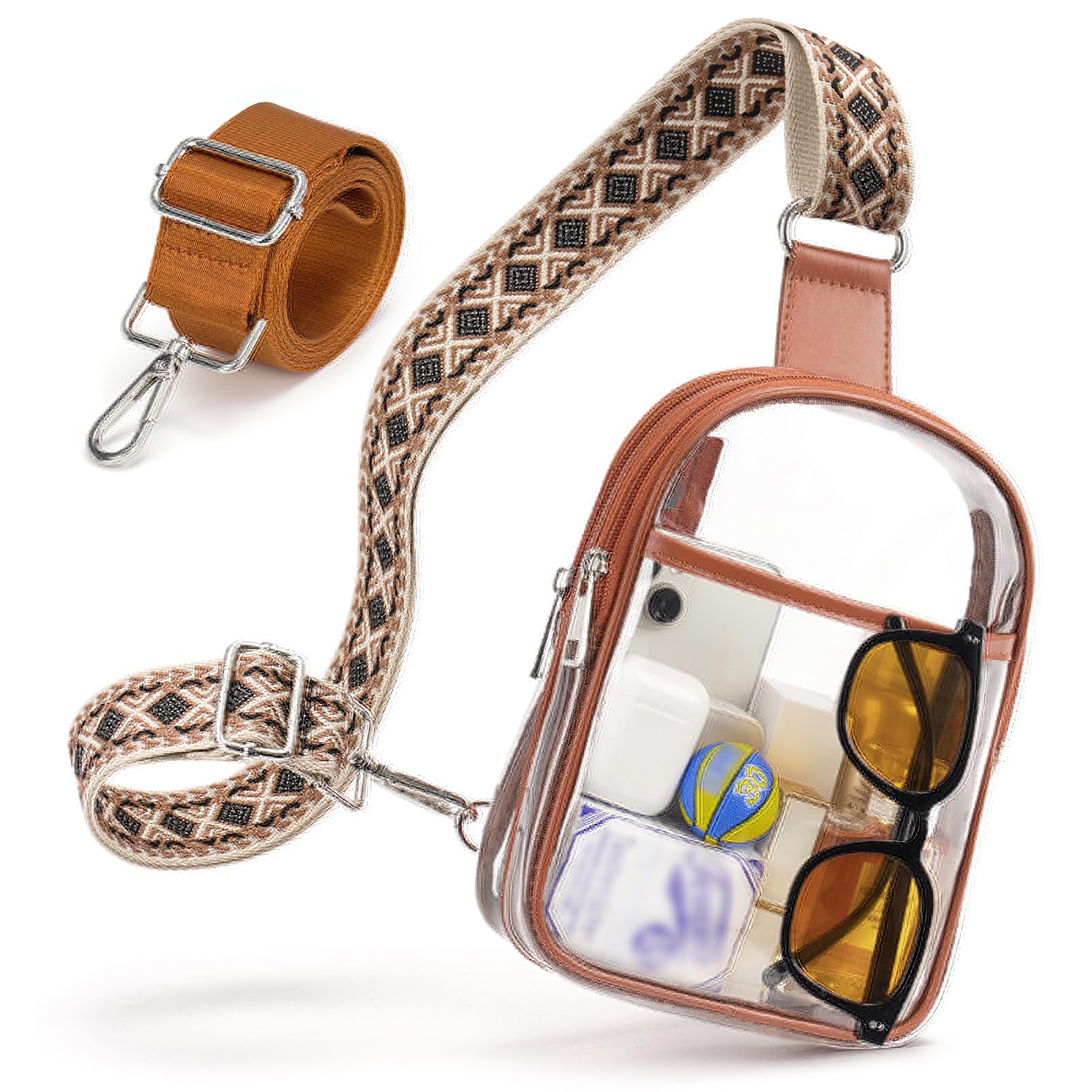 QOECI 3 Pockets Clear Bag for Stadium Events with 2 Long Straps Sling Backpack Fanny Pack Concert Crossbody Purses for Women