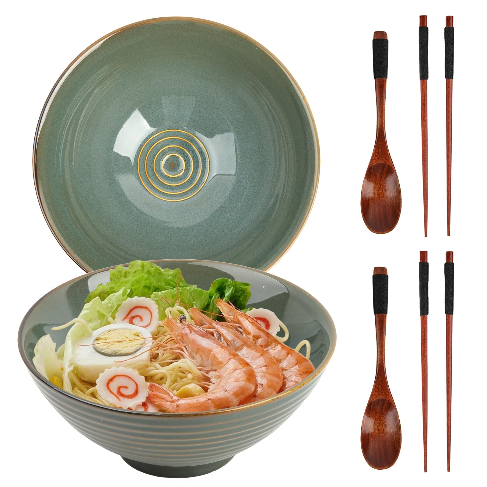 GEEKHOM Ramen Juego de 2 cuencos japoneses de cerámica con palillos y cuchara de madera de 1200 ml, grande, microondas y lavavajillas para pasta, sopa, pho, ensalada