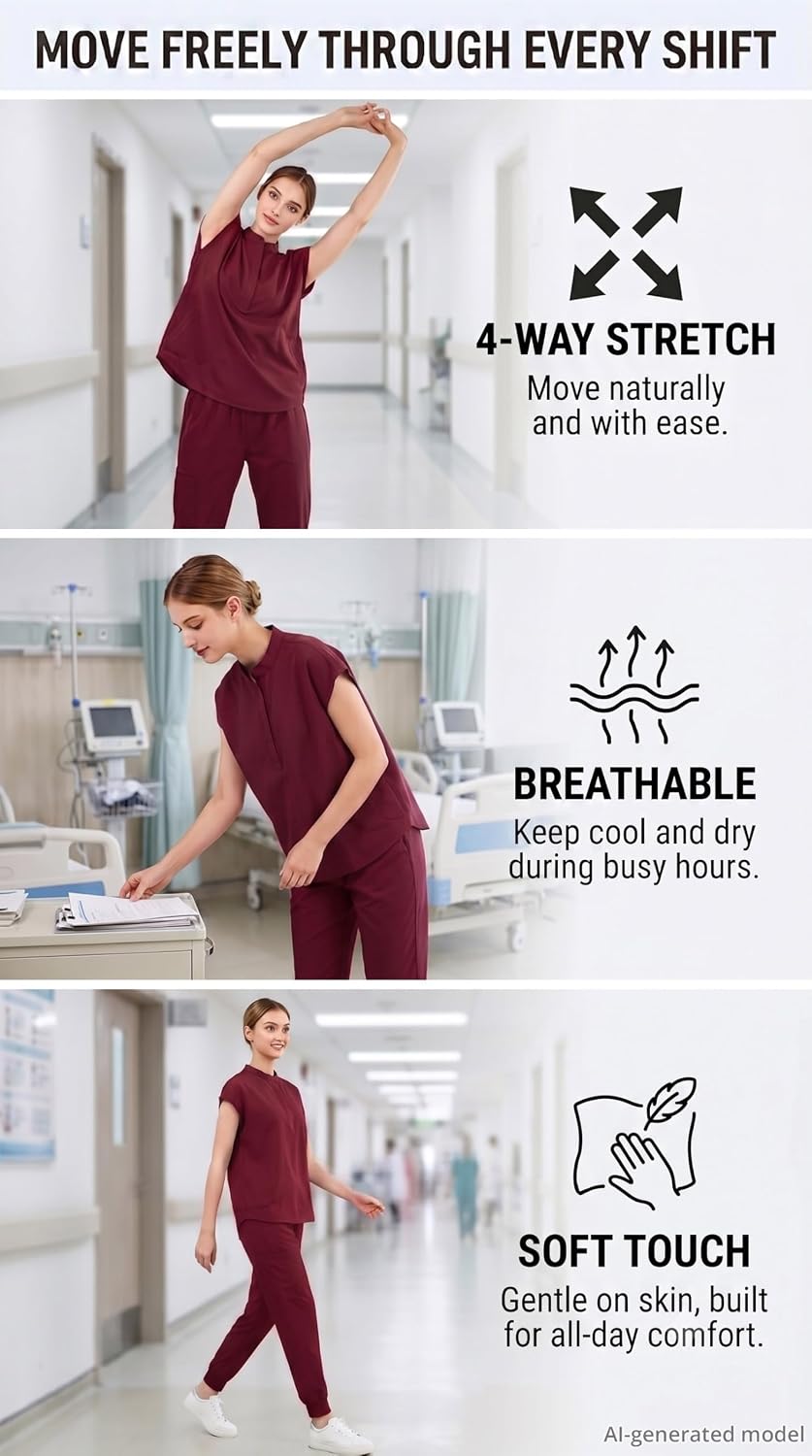 Scrubs for Women Set, Sleeveless Stand Collar Top & Jogger Pants