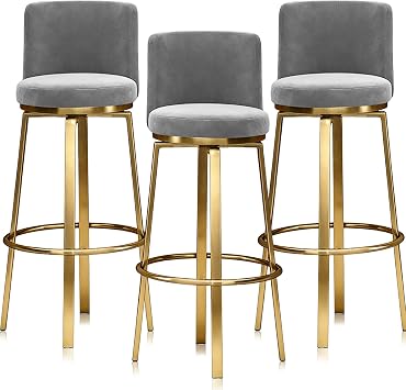 Velvet Bar Stools Set of 1/2/3/4 Modern Swivel Seat Upholstered Chair Stool Counter Height Metal Chairs with Back for Home Kitchen Island3 PCS Grey,Gold 65cm