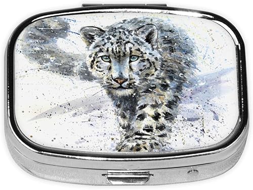 Pastillero rectangular de leopardo de nieve, organizador de píldoras, pastilleros de viaje, contenedor de pastillas pequeño de 2 compartimentos para